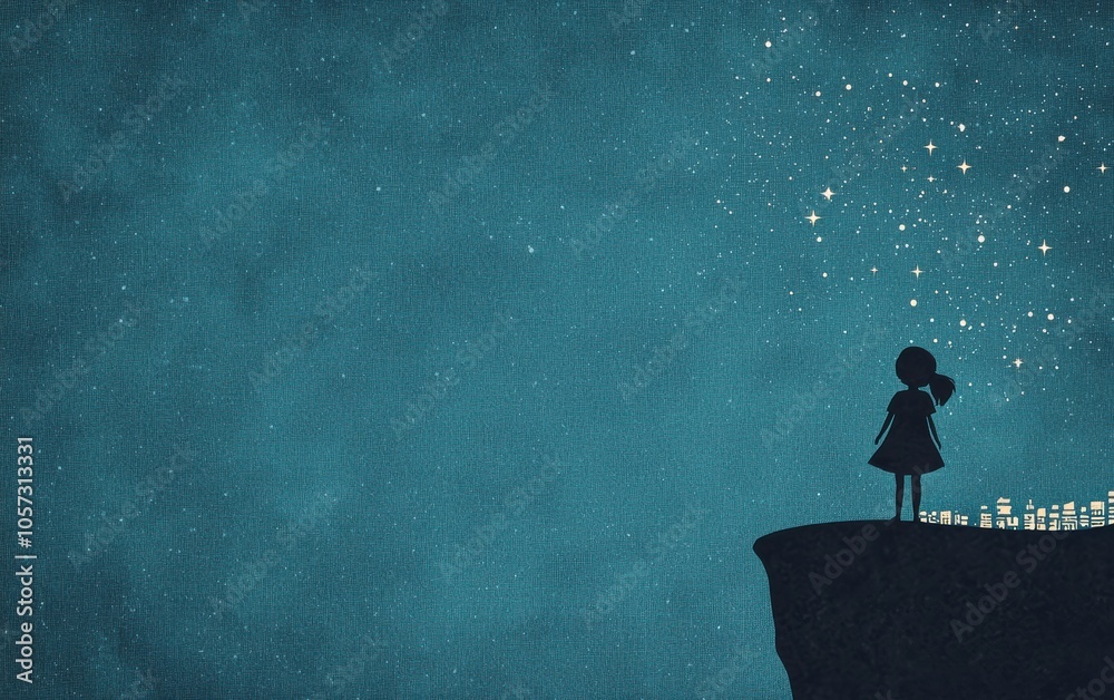 A silhouette of a girl standing on a cliff gazing at a starry night sky. Captivating and serene, perfect for dream and adventure themes. A silhouette of a girl standing on a cliff gazing at a starry night sky. Captivating and serene, perfect for dream and adventure themes.