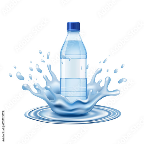 Mineral water plastic bottle. Splash of water. Cartoon stile. Vector for packaging design, drinks and food.