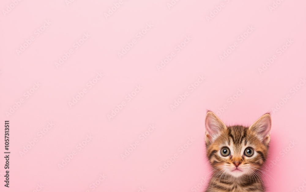 Adorable kitten peeks from the side against a soft pink background, showcasing its playful and curious nature. Adorable kitten peeks from the side against a soft pink background, showcasing its playful and curious nature.