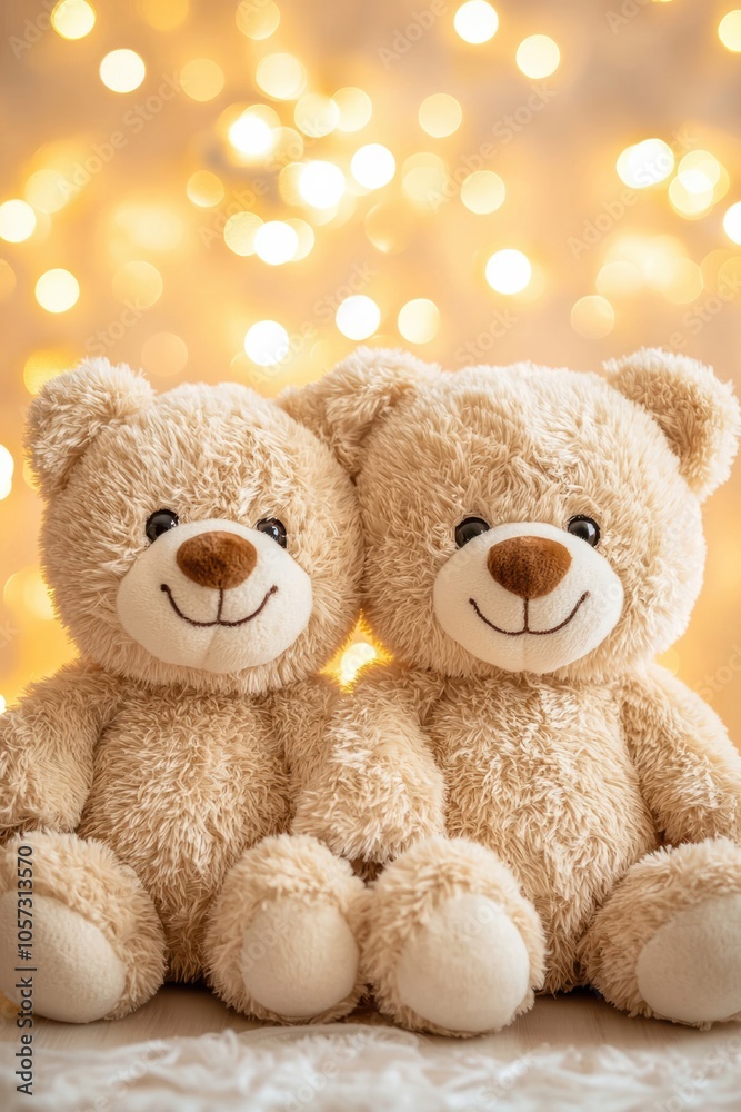 Two adorable plush teddy bears sit side by side, exuding warmth and charm against a softly glowing bokeh background, perfect for sentimental moments. Two adorable plush teddy bears sit side by side, exuding warmth and charm against a softly glowing bokeh background, perfect for sentimental moments.