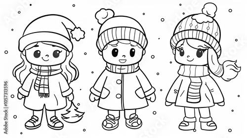 Happy children in winter clothes. Coloring page for kids. Christmas theme. Black and white illustration