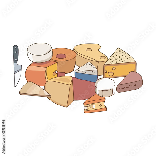 Cheese variety illustration, a collection of gourmet cheeses in retro style
