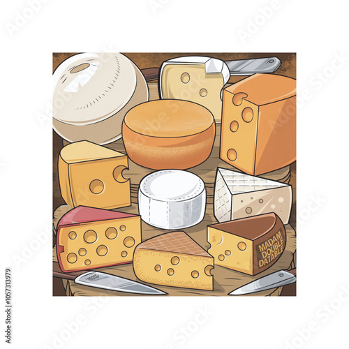 Cheese variety illustration, a collection of gourmet cheeses in retro style
