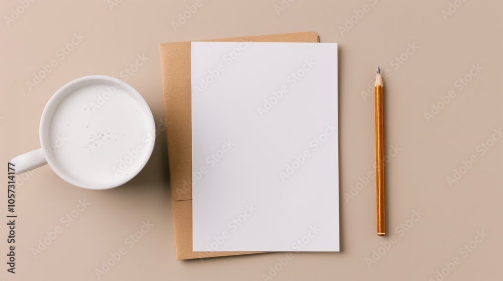 A minimalist workspace featuring a blank page, cup of milk, and a pencil on a neutral background, ideal for creative inspiration or writing.