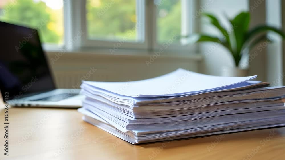 Stacked papers on a desk beside a laptop in a bright office setting during the day
