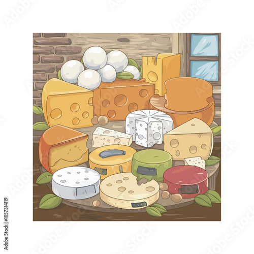 Cheese variety illustration, a collection of gourmet cheeses in retro style
