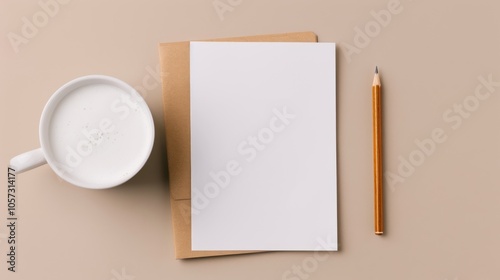 Obraz na płótnie A minimalist workspace featuring a blank page, cup of milk, and a pencil on a neutral background, ideal for creative inspiration or writing. w salonie