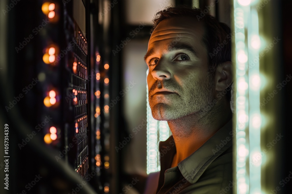 Technician inspecting server rack, illuminated by colorful LED lights, focused expression, data center environment, secure facility, network infrastructure, selective focus
Technician inspecting server rack, illuminated by colorful LED lights, focused expression, data center environment, secure facility, network infrastructure, selective focus
