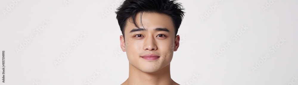Obraz premium Portrait of a young man with a confident smile, showcasing natural beauty and modern style against a neutral background.