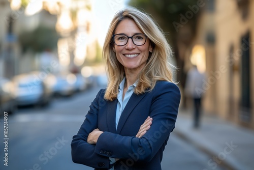 Confident Professional Woman in Blue Suit with Glasses