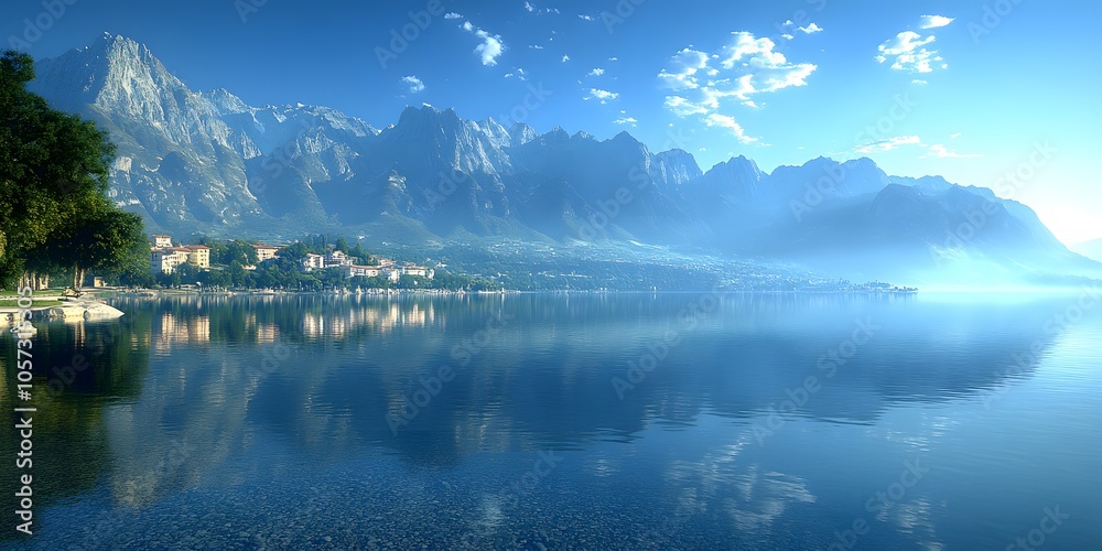 Obraz premium A serene landscape featuring mountains reflected in a calm lake under a clear blue sky.