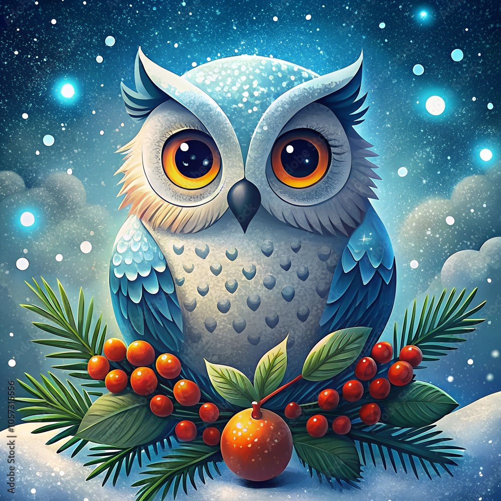 Obraz premium Christmas Owl. Holiday template with drawn character bird and festive decoration with winter pine branches, spruce tree, snow. Collection background in Merry Christmas and Happy New Year design style.