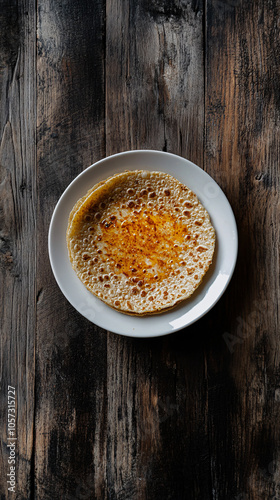 Delicious honey-drizzled pancakes on a white plate atop a wooden table, stacked high and bursting with sweetness. Perfect for cozy cafes or restaurant menus