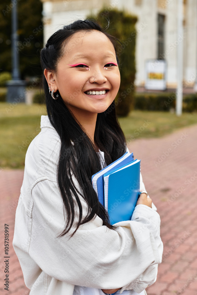 A joyful young Asian student poses with notebooks, showcasing her trendy style near the university buildings. A joyful young Asian student poses with notebooks, showcasing her trendy style near the university buildings.