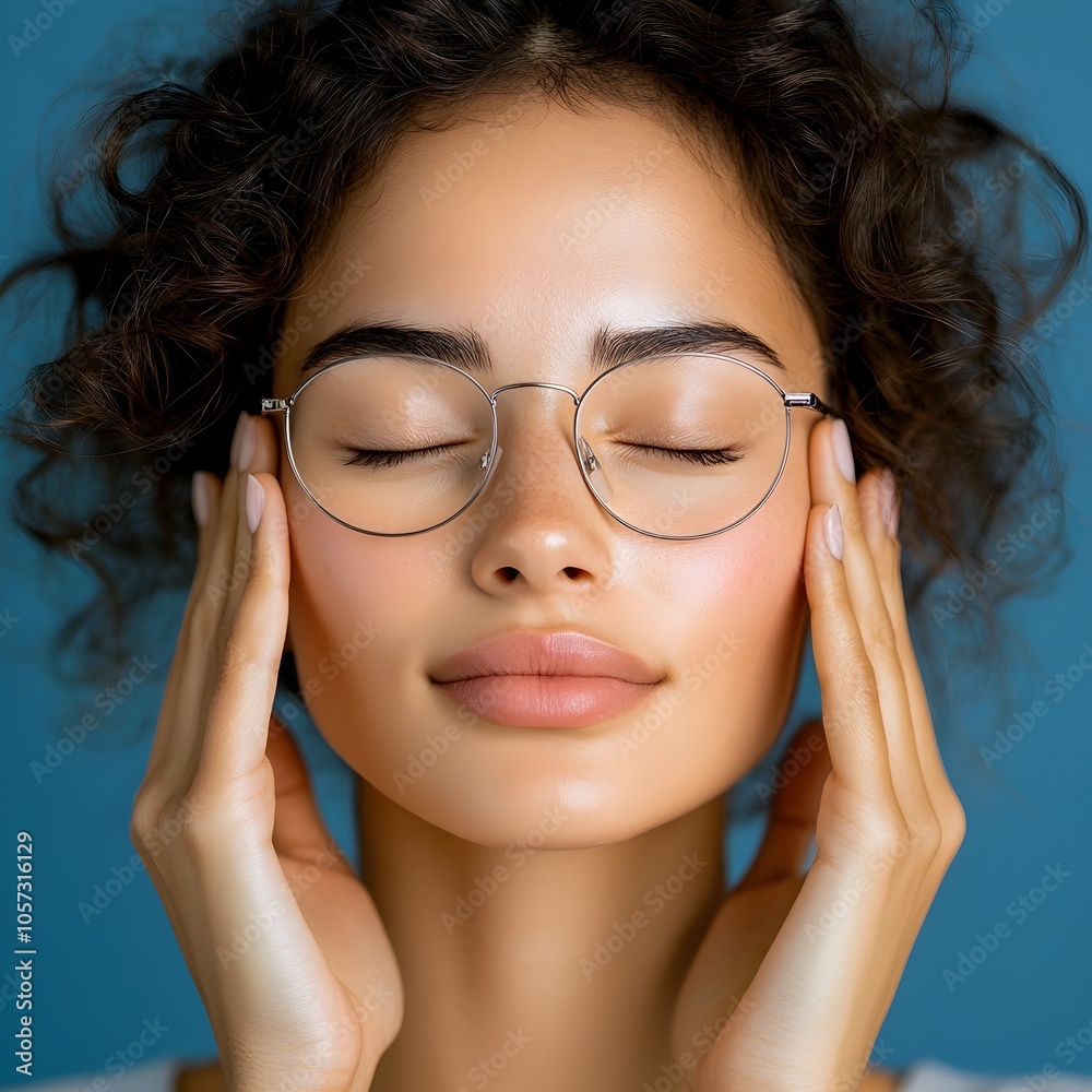 Closeup portrait of a young woman with curly hair closing her eyes and gently holding her temples appearing to experience stress a headache or seeking migraine relief through relaxation and self care Closeup portrait of a young woman with curly hair closing her eyes and gently holding her temples appearing to experience stress a headache or seeking migraine relief through relaxation and self care