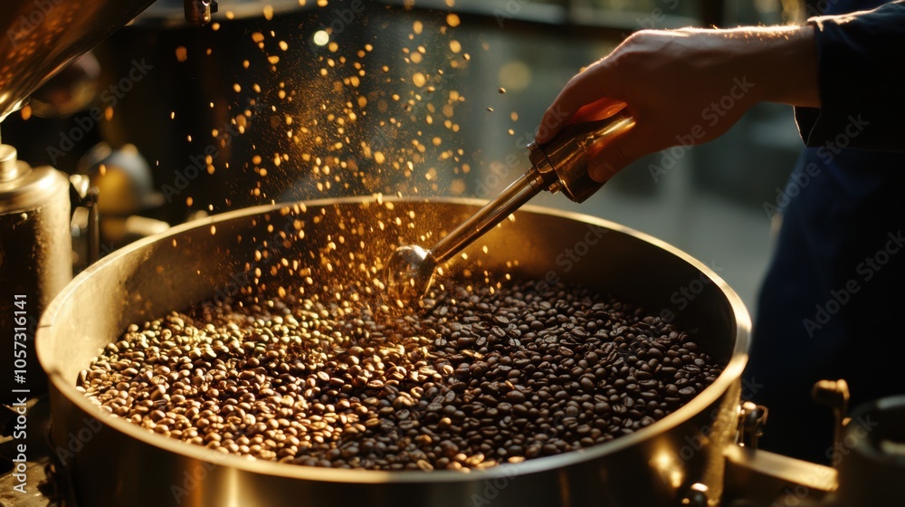 A barista roasting coffee beans in a traditional drum roaster, A barista roasting coffee beans in a traditional drum roaster,