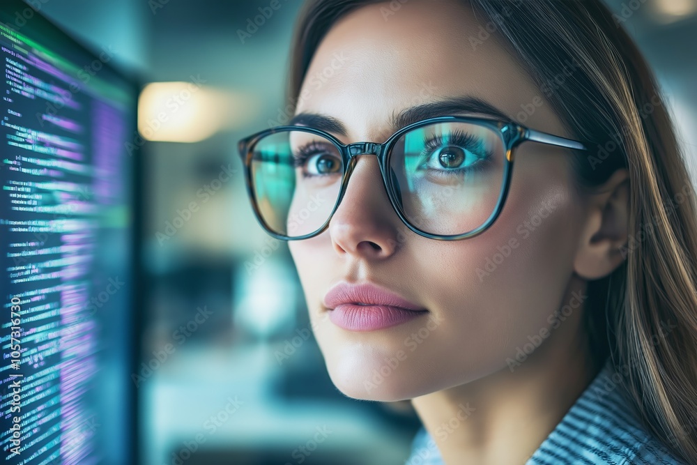 Young female programmer analyzing code on screen, reflective glasses, professional environment, close-up view, focused on cybersecurity, selective focus
Young female programmer analyzing code on screen, reflective glasses, professional environment, close-up view, focused on cybersecurity, selective focus