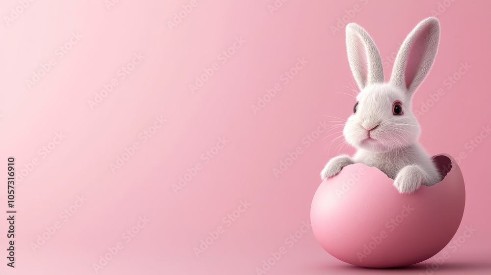 Adorable Easter bunny emerging from a pink egg on a soft pink backdrop with space for text perfect for a festive greeting Adorable Easter bunny emerging from a pink egg on a soft pink backdrop with space for text perfect for a festive greeting