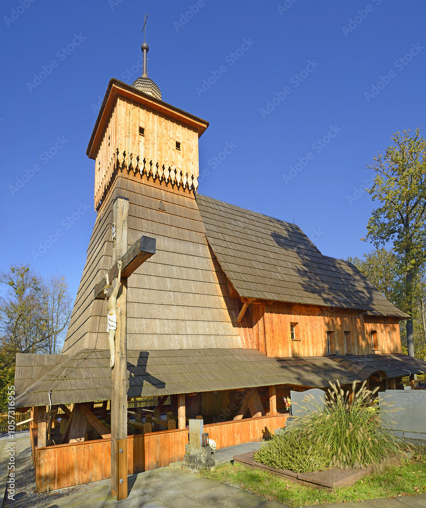 Wooden church of Guty village - the reconstructed church after the fire in 2017. Beskydy Mountains hide a number of great and very old wooden churches, Moravia, Czech Republic