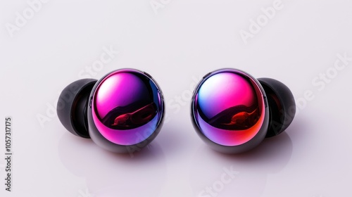 A pair of stylish, metallic, wireless earbuds featuring a vibrant iridescent finish against a clean white background.