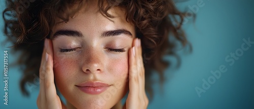 Woman with her eyes closed and hands on her temples seeking relief from eye strain headache and fatigue through self care practices like meditation mindfulness and relaxation