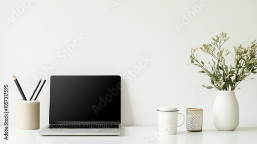 A bright and minimalistic workspace featuring a laptop, a coffee cup,