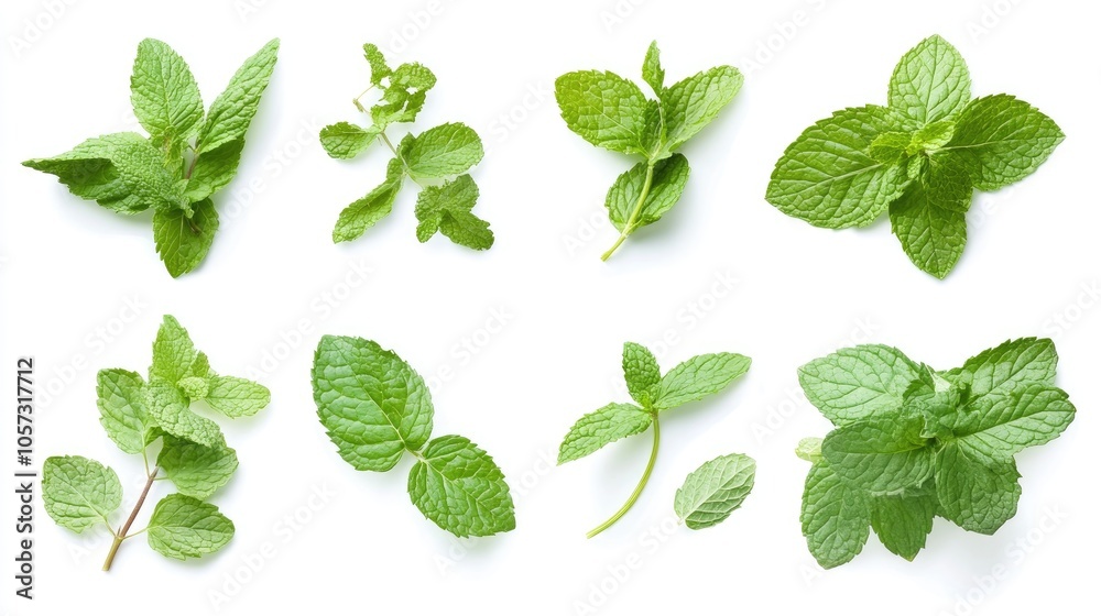 A collection of fresh mint leaves isolated on a white background