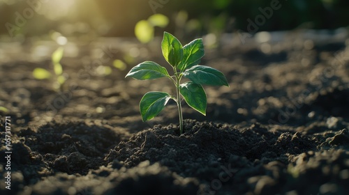 A lively green plant emerging from fertile soil bathed in gentle sunlight representing growth and renewal in the natural world