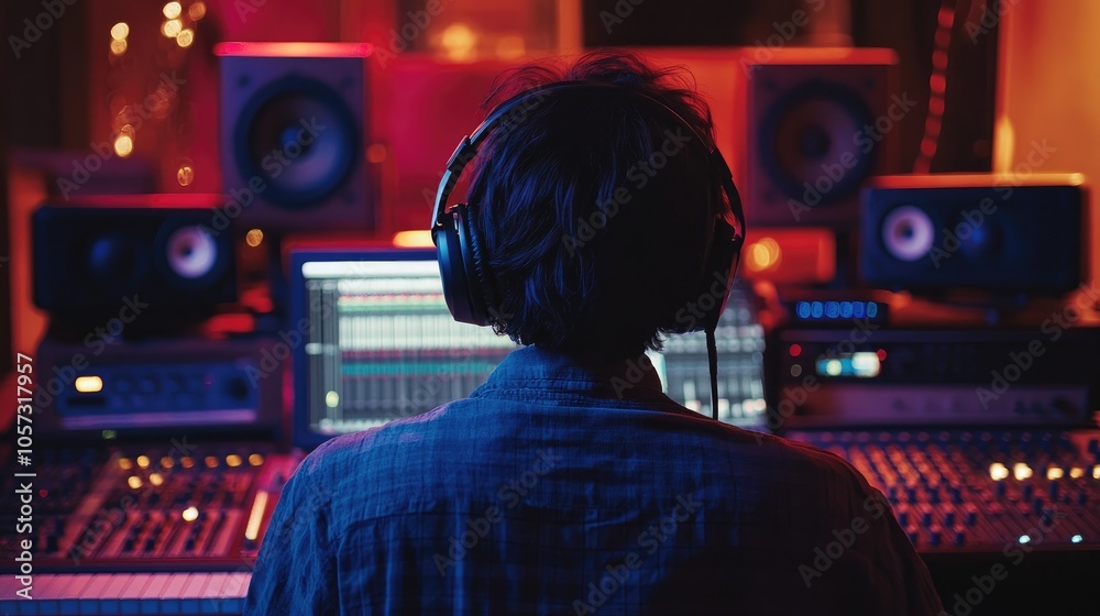 A music producer wearing headphones collaborates in a studio filled with various recording equipment A music producer wearing headphones collaborates in a studio filled with various recording equipment