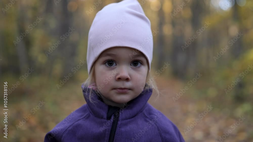 Adorable two years old girl hiding behind dry leaf in autumn forest Adorable two years old girl hiding behind dry leaf in autumn forest