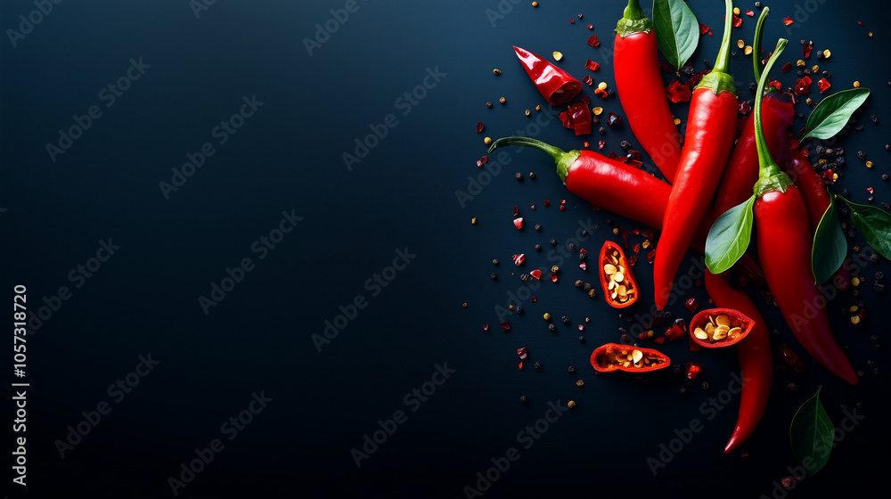 Fresh red chili peppers on black background. Free copy space. Fresh red chili peppers on black background. Free copy space.