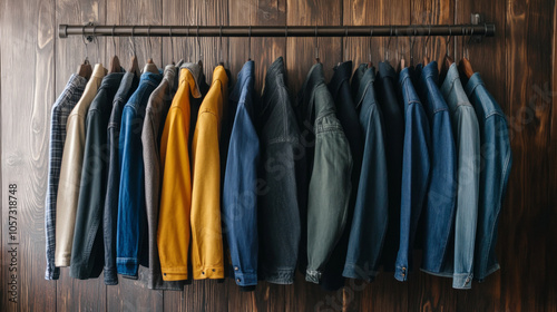 A stylish collection of jackets displayed on a wooden rack in a cozy shop, showcasing a blend of casual and formal wear options for every occasion