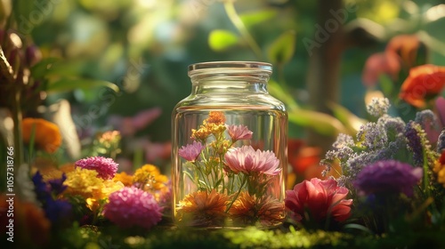 A jar of floral essence amidst colorful blooms showcasing nature s beauty and elegance photo