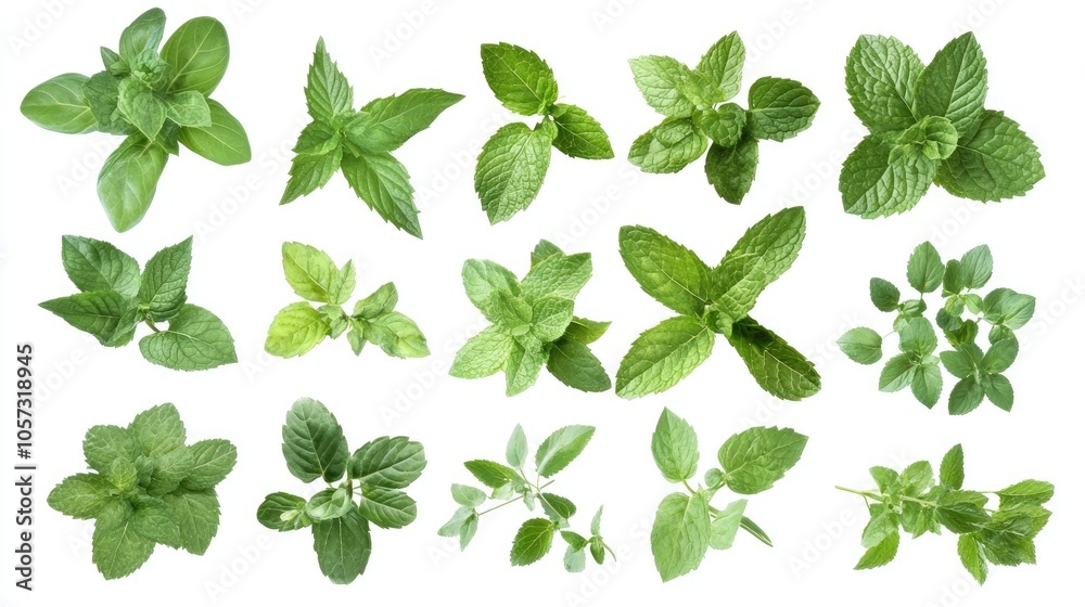 A collection of fresh mint leaves isolated on a white background A collection of fresh mint leaves isolated on a white background