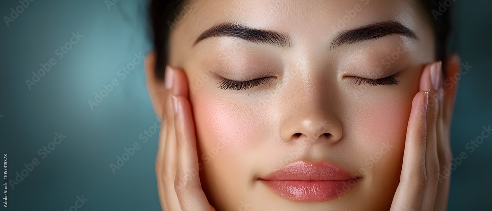 Close up Portrait of an Asian Woman with Her Eyes Closed Gently Massaging Her Temples to Find Relief from Eye Strain Migraine and Fatigue Concept of Wellness Self Care Close up Portrait of an Asian Woman with Her Eyes Closed Gently Massaging Her Temples to Find Relief from Eye Strain Migraine and Fatigue Concept of Wellness Self Care