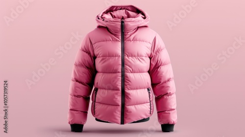 A stylish pink puffer jacket with a hood, perfect for winter wear, set against a soft pink background. photo