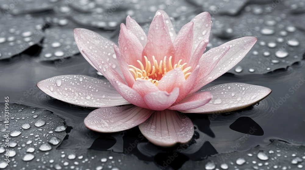 A graceful pink lotus flower embellished with water droplets symbolizing beauty and serenity in the essence of nature A graceful pink lotus flower embellished with water droplets symbolizing beauty and serenity in the essence of nature