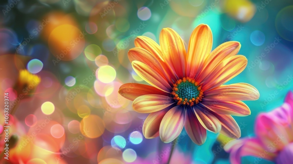 Close-up of a Vibrant daisy flower blooms with a colorful blurred background. bokeh and sparkling Close-up of a Vibrant daisy flower blooms with a colorful blurred background. bokeh and sparkling