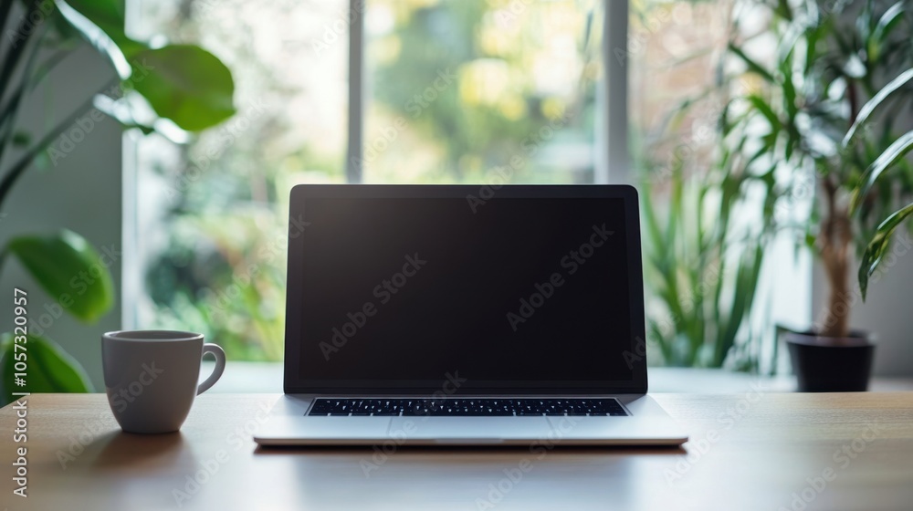 A clean and serene workspace with a laptop open on a wooden desk