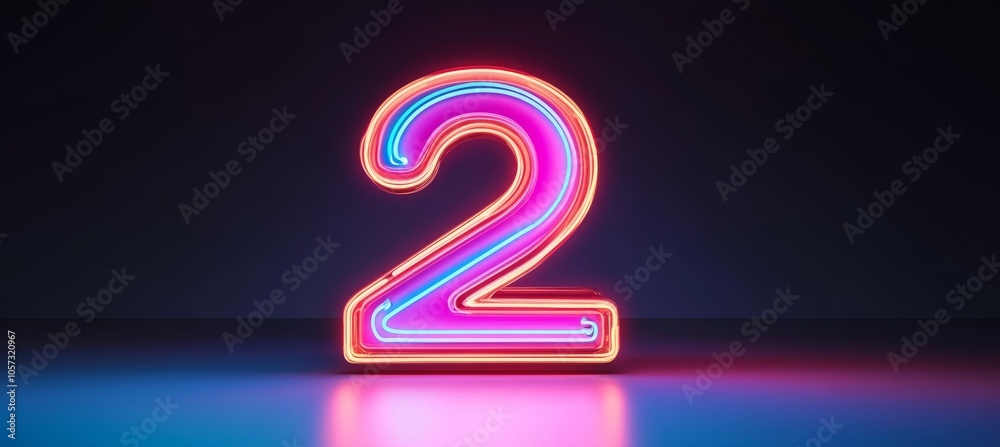Neon Number 2, Glowing Number Two, illuminated Number Two, Dark Background. 3D Illustration