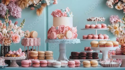 Wallpaper Mural Dessert Table with Sweets : Colorful dessert table with cakes, macarons, chocolates, and decorative flowers Torontodigital.ca