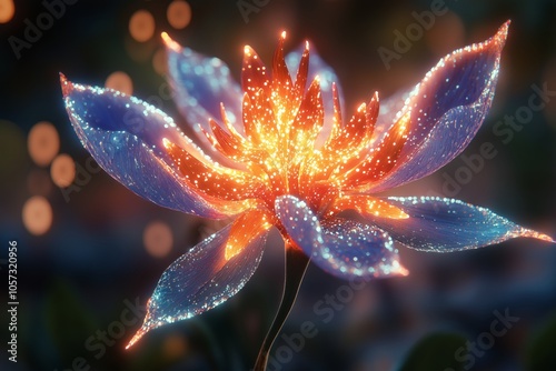 A glowing, neon colored flower with sparkling petals in purple and orange, radiating a magical light
