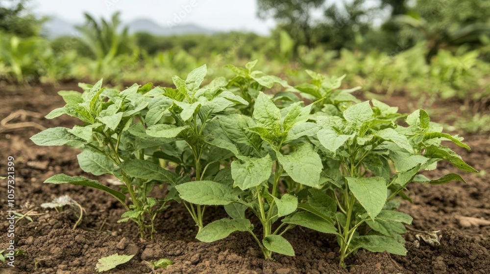 A cluster of young Withania plants is visibly thriving in a rural landscape highlighting their characteristics as dicotyledonous plants A cluster of young Withania plants is visibly thriving in a rural landscape highlighting their characteristics as dicotyledonous plants