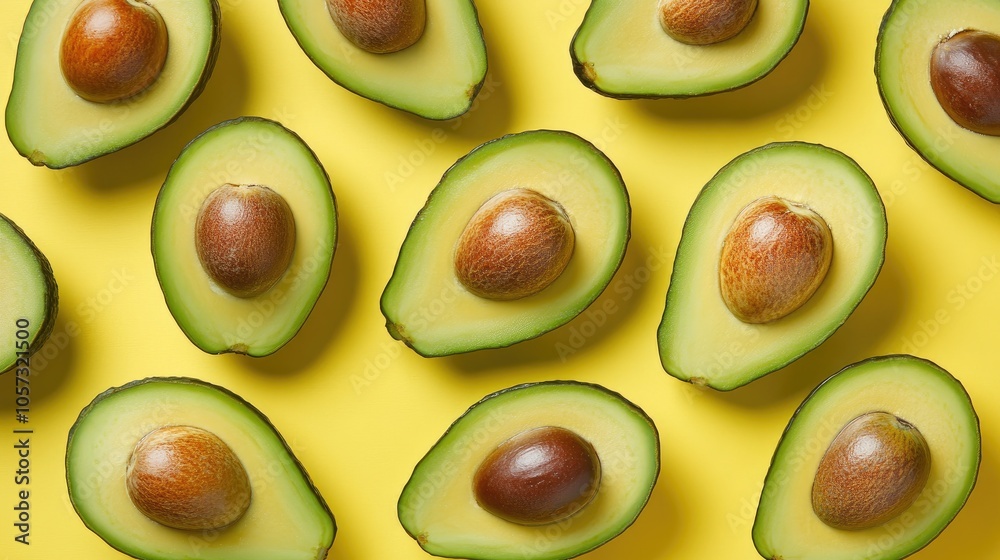 Avocado on a vibrant yellow backdrop with ample negative space Avocado on a vibrant yellow backdrop with ample negative space