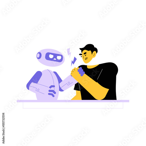 Robot Arm Wrestling With Man In Flat Vector Illustration Symbolizing Strength, Competition, And Human Machine Interaction, Isolated On White Background