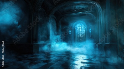 A dimly lit space featuring a tiled floor enhanced by striking blue lights and enveloped in swirling smoke