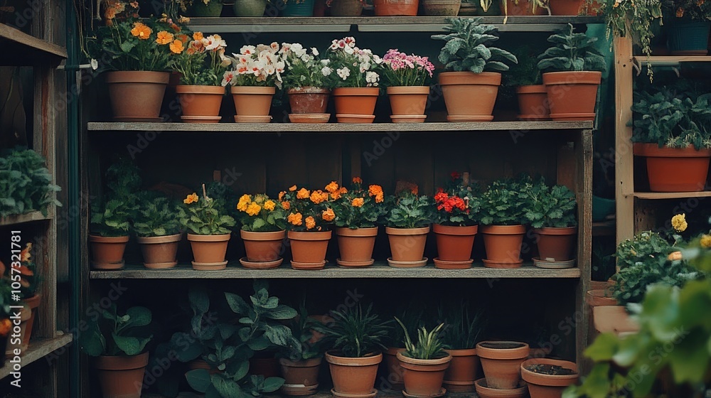 A plant shop showcasing a diverse selection of flower pots neatly arranged on shelves A plant shop showcasing a diverse selection of flower pots neatly arranged on shelves