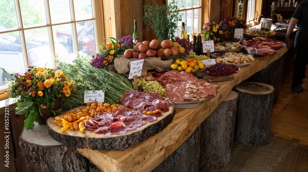 Farm to Table Organic Catering : Rustic table setup with fresh farm produce, meats, and homemade bread Farm to Table Organic Catering : Rustic table setup with fresh farm produce, meats, and homemade bread