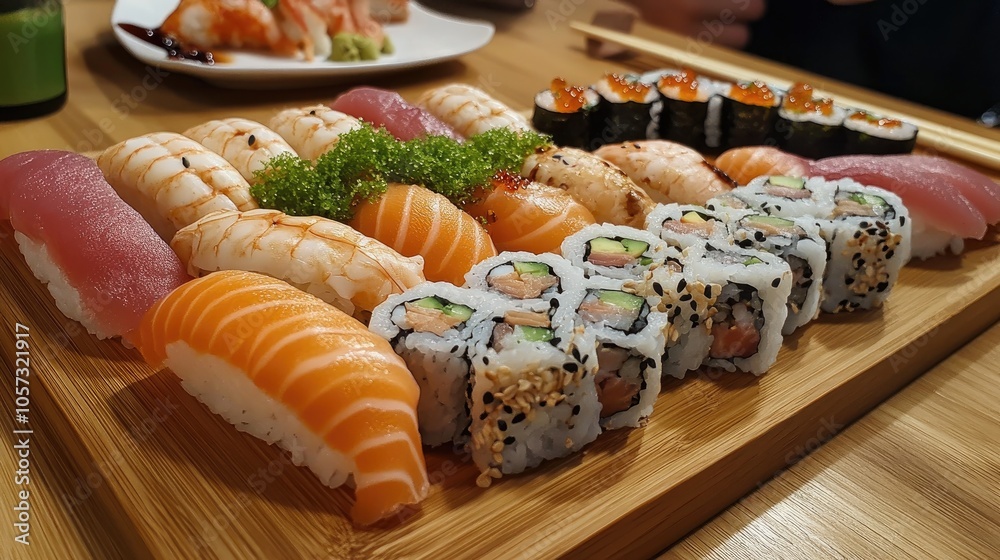 An assortment of sushi rolls is elegantly arranged on a wooden plate accompanied by bright green wasabi creating a peaceful atmosphere An assortment of sushi rolls is elegantly arranged on a wooden plate accompanied by bright green wasabi creating a peaceful atmosphere
