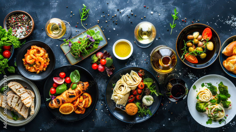 Assorted Mediterranean dishes with wine and vegetables on a dark background